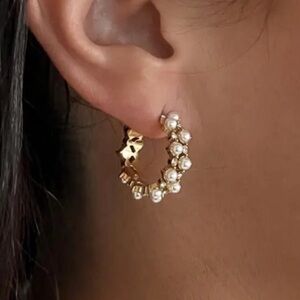 Beljoy 18k Gold Plated Empanda Pearl Studded Hoop Earrings 3/4” Hypoallergenic